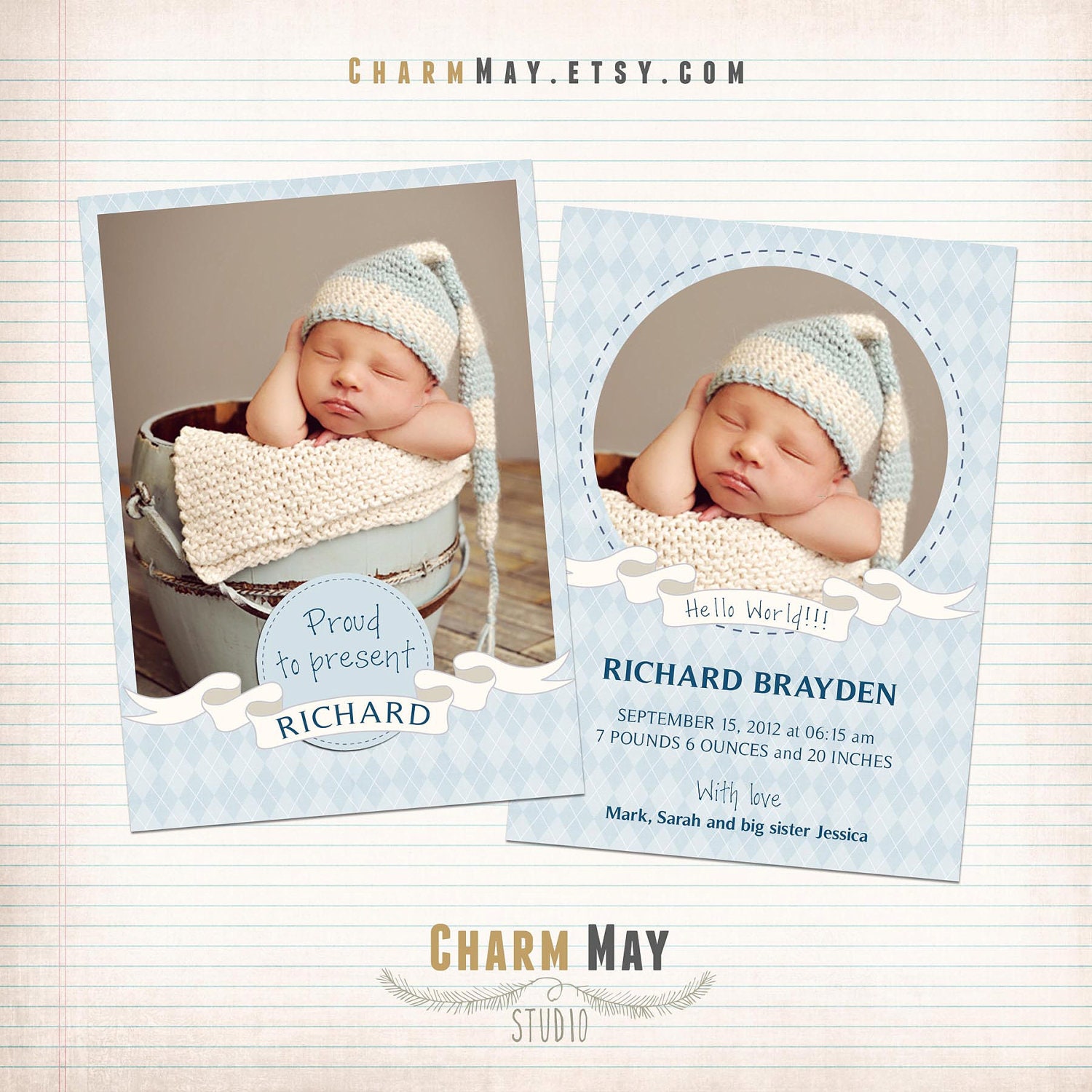 Birth Announcement Photo Card Template -  BA001