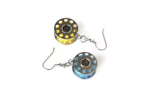 Bobbin Earrings, Yellow and Blue, Up-Cycled Jewelry, Hipster Jewelry, Unique Jewelry, Fun Accessories, Jewelry For Her, Gift for Craft Lover