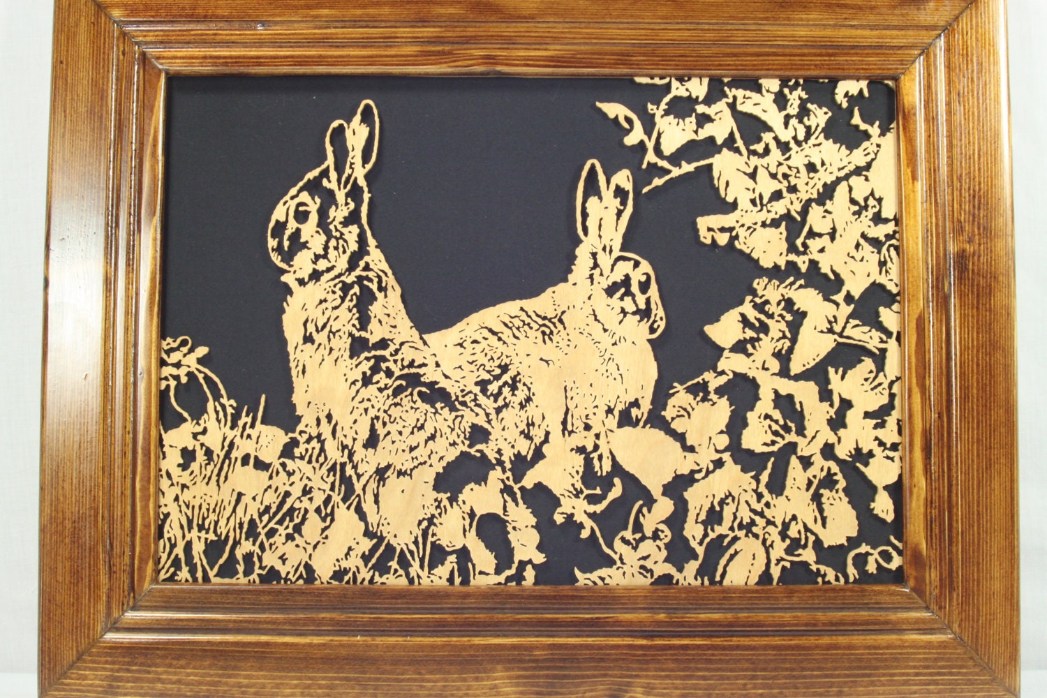Handmade Scroll Saw Art Two Rabbits Woodworking  Woodcarving Framed Art Home Decor, Free Priority Shipping Included