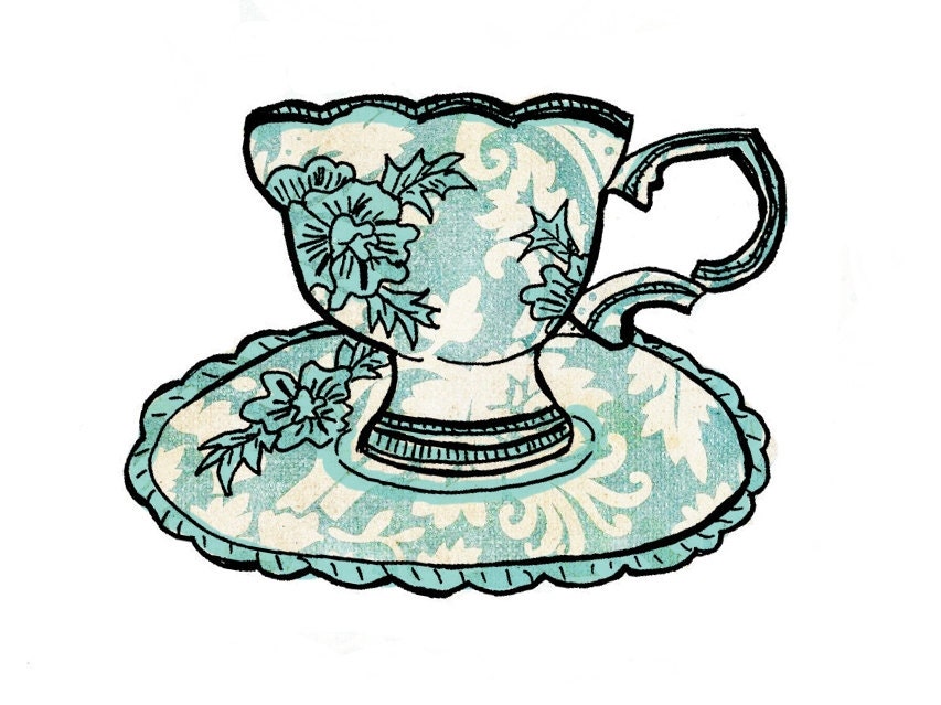 Me Old China - scalloped tea cup and saucer. Ink, watercolour & collage illustration print on archival paper