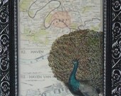 Art Paris print with peacock on a colored vintage map of the port of Marseille port of Bordeaux Paris mixed media original print (395)
