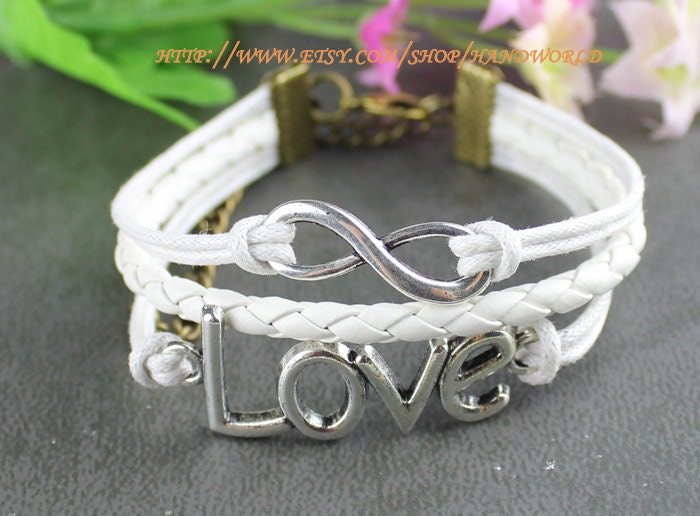 Silvery love bracelet infinity karma bracelet wish bracelet white leather bracelet -N539