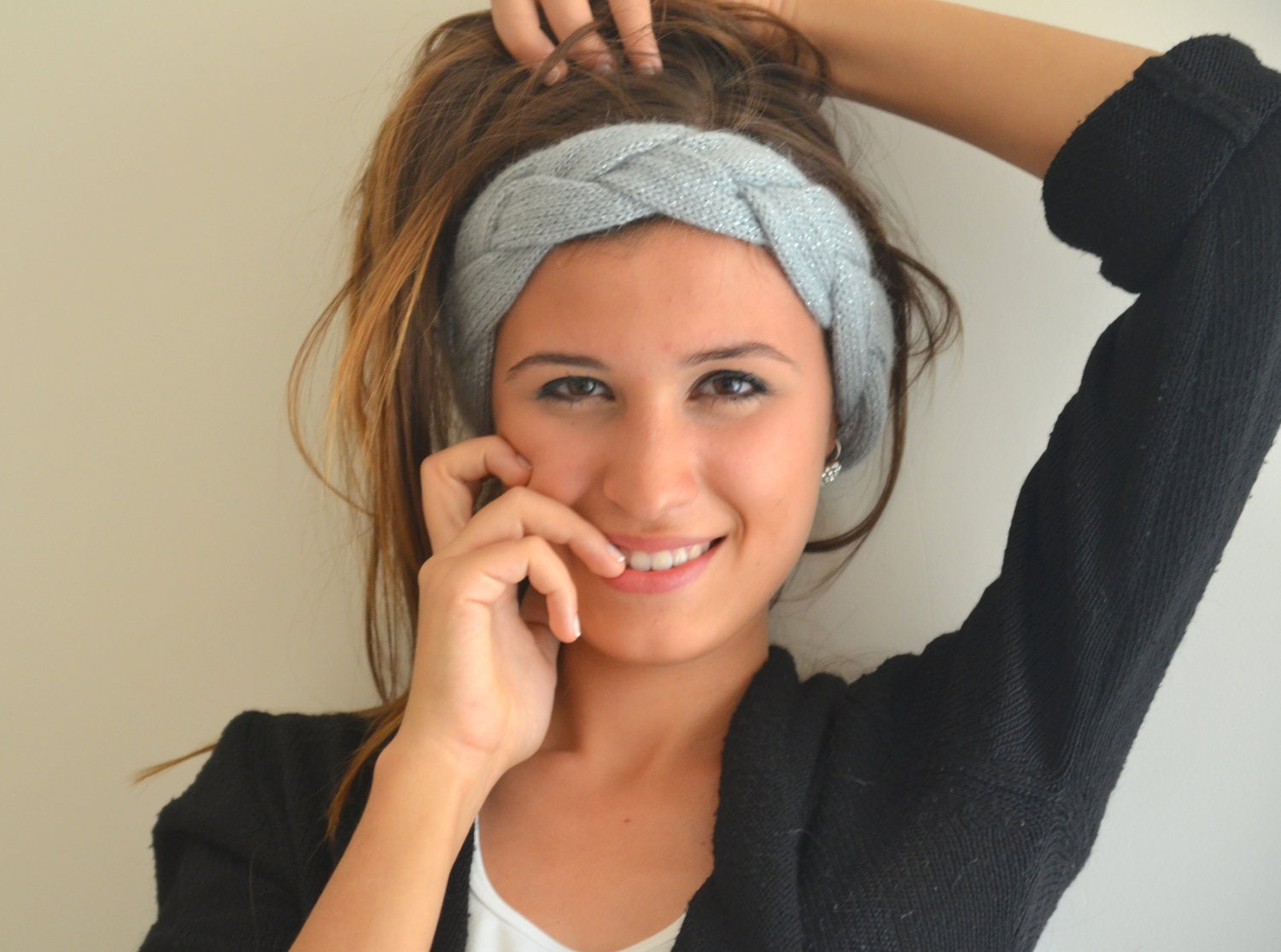 Grey hand knit plait cozy headband ear warmer birthday gifts valentines day gifts