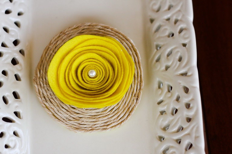 Round Yellow Felt Brooch with Abaca Twine
