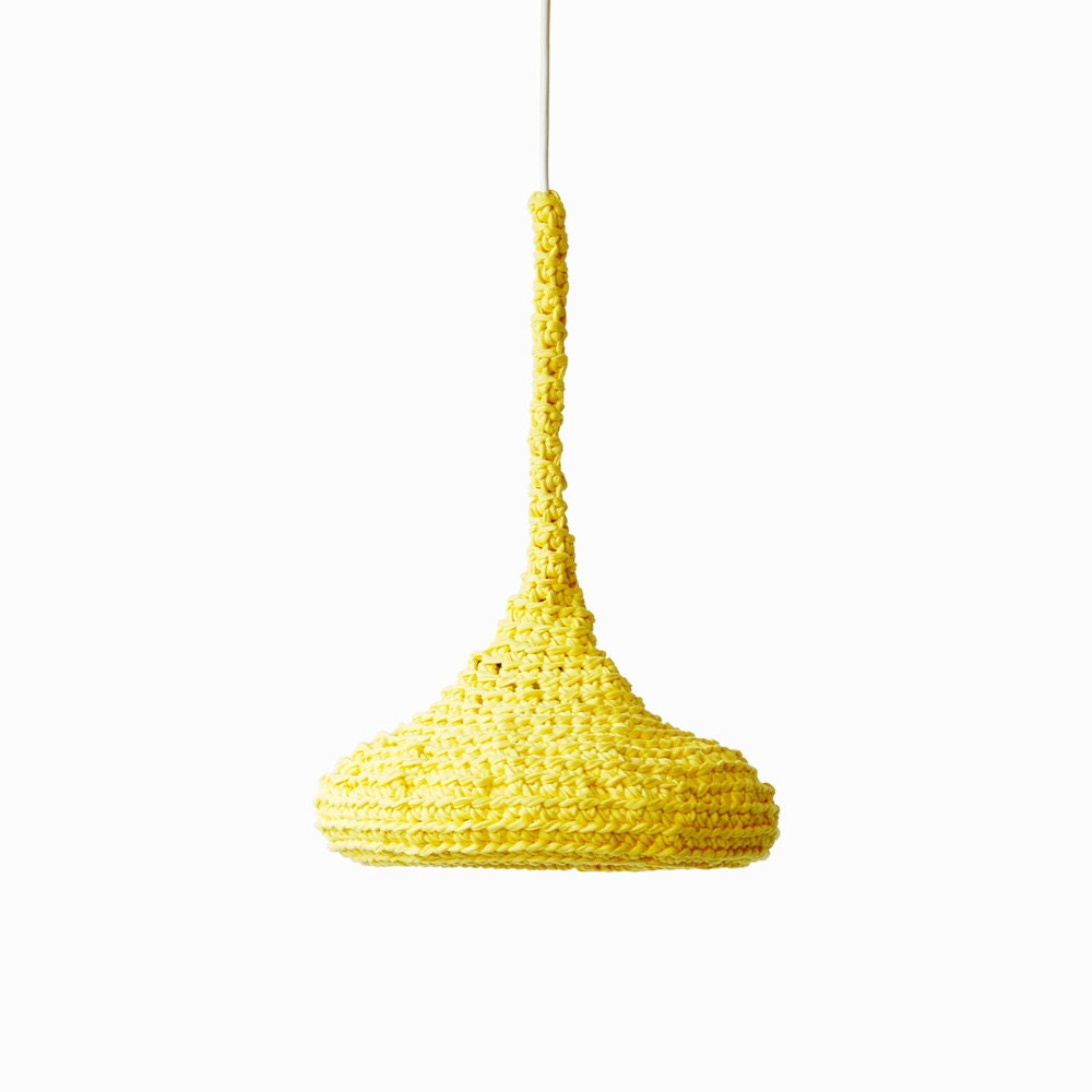 RESERVED - Crochet Pendant Lamp LUUNA / Modern Hanging Light / Unique Eco Lampshade from Upcycled Fabric / Green Design  - Yellow