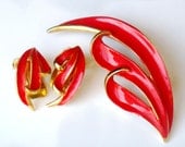 Red Enamel Brooch and Earring Set Vintage 1960s Jewelry Collectable Demi Parure