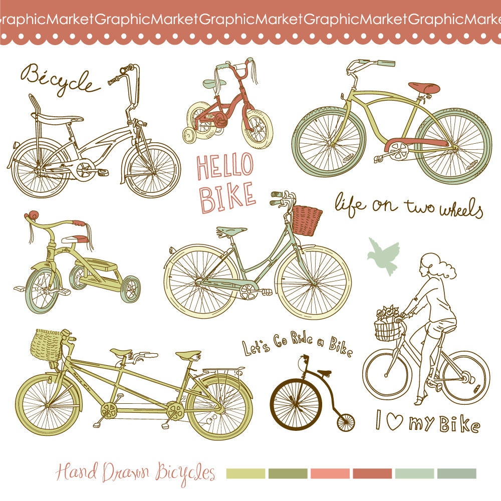 14 Hand Drawn Vintage Bicycles digital clip art set, scrapbooking, wedding invitations, cards, stationary, Personal and Small Commercial Use