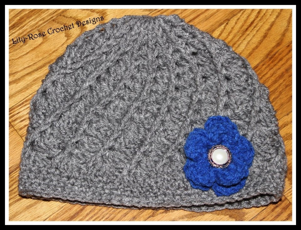 Grey crochet swirl couture beanie with navy flower newborn to adult