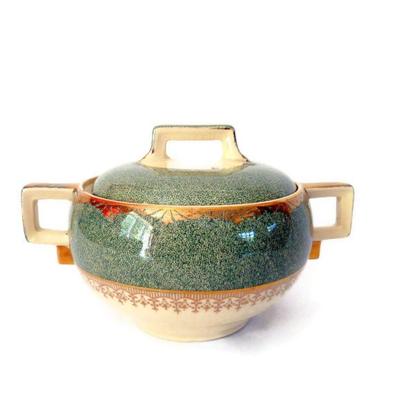 Ceramic Bowl Pot Green & Gold Round with Lid Vintage Home Decor