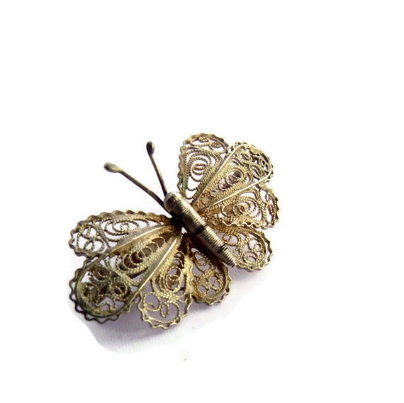 Butterfly Brooch Victorian Pin Filigree Antique Metal Jewellery