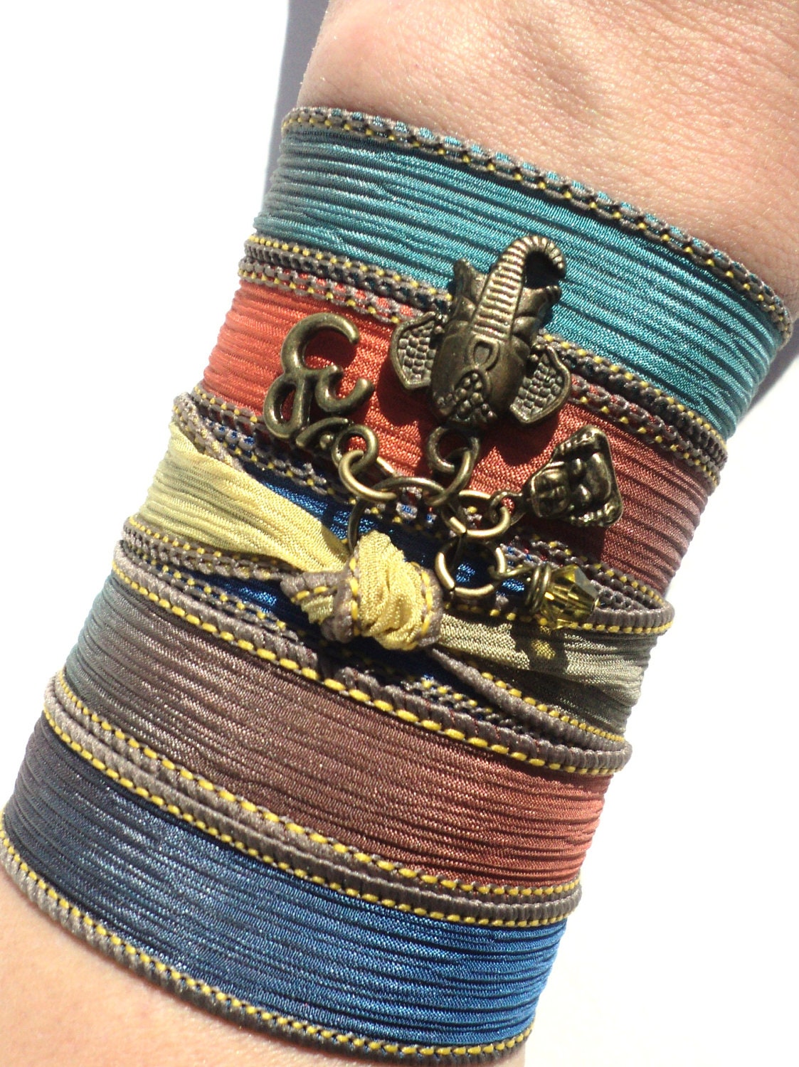Sacred Elephant Buddha Silk Wrap Bracelet Yoga Jewelry Om Bohemian Arm Band Unique Gift For Her Under 50 Item J44