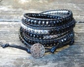 Beaded Leather 5 Wrap Bracelet with Black Silver and Hematite Polished Czech Glass Beads on Black Leather