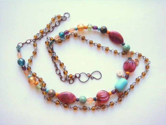 Boho Chic Turquoise, Pink And Amber Layered Strand Necklace