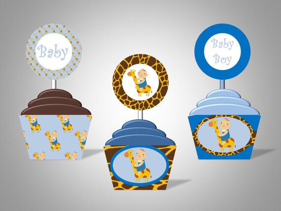 Baby Boy With Giraffe Motif - Blue and Brown Baby Shower Cupcake Wrappers & Toppers - Personalized - DIY Printable Party Decorations Il_570xn
