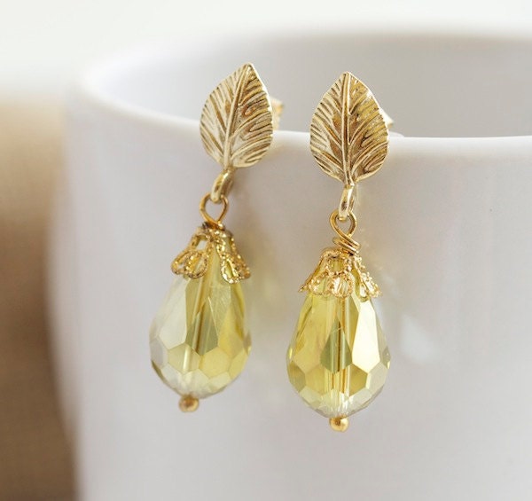Yellow Crystal Earrings, Yellow Dangle Earrings, Yellow and Gold Earrings, Bridal Jewelry