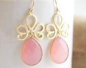 Pink Earrings, Pink Chalcedony Dangle Earrings, Bezel Set Earrings