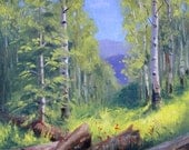 Giclee print aspen oil painting impressionism "Glade in Aspen Forest", 6 x 6