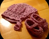 Crochet Baby Bonnet and Booties, Handmade, Purple, Pink