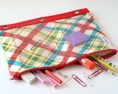 Binder Pouch, Binder Storage, Coupon Storage, Puzzle Storage, Craft Storage, Multi Purpose Pouch-Red Green Diagonal Checker