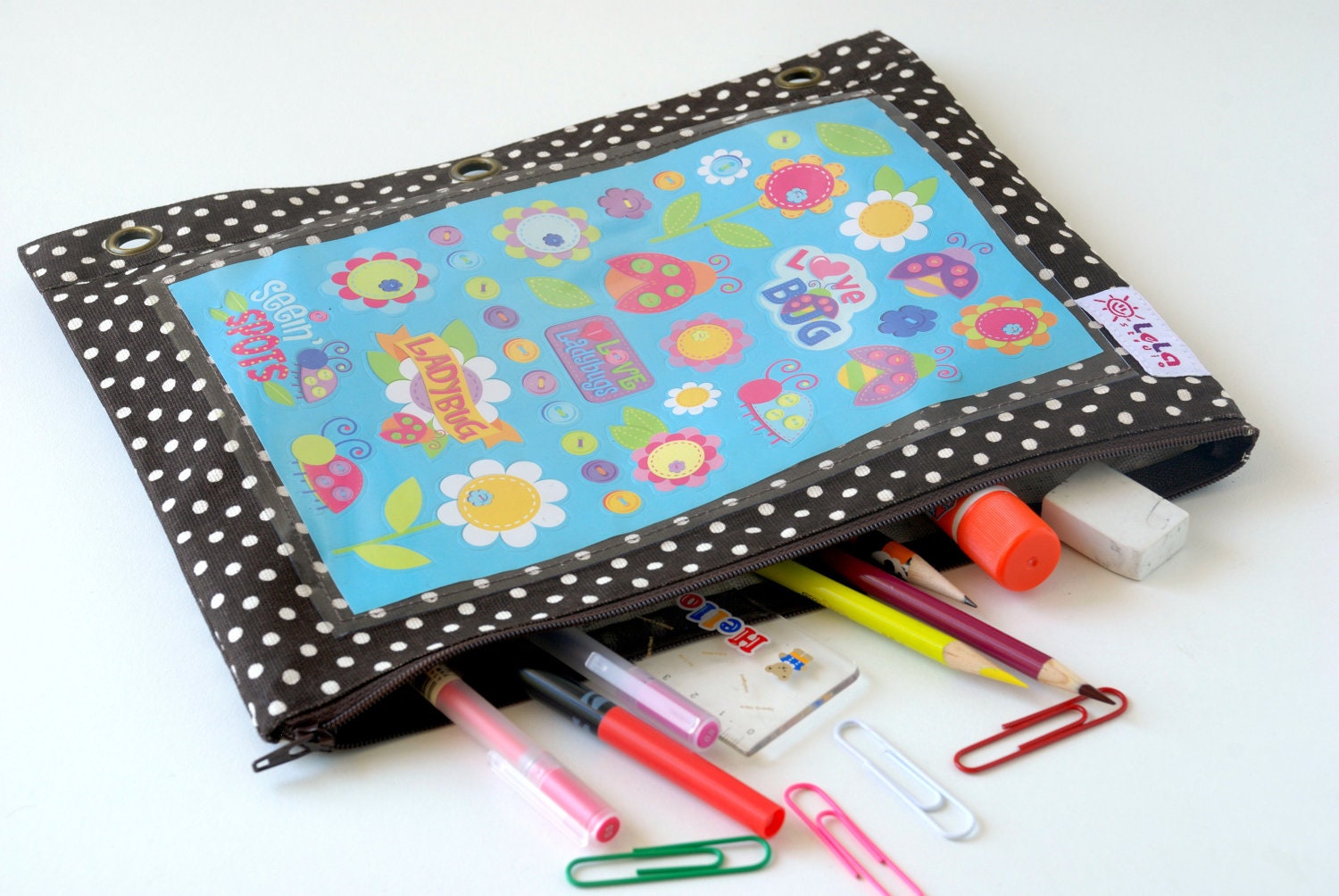 3 Ring Binder Storage Pouches, Multi Purpose Storage Pouch, Craft Storage Case, School Binder Pouch-Brown Polka Dot