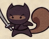 Ninja Squirrel - Embroidered Decorative Linen Dish Kitchen Towel or Absorbent White Cotton Flour Sack Towel
