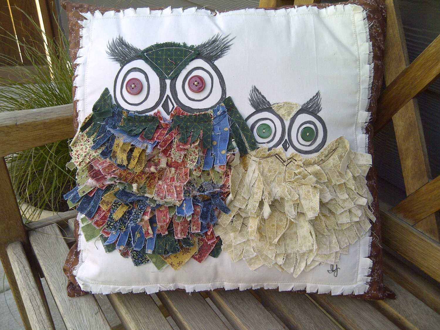 Owl Throw Pillow Mother and Baby Owls Home Decor Cranberry Red Blue Green Beige Brown Country Chic Shabby Chic Fringe Patchwork Pillow Gift