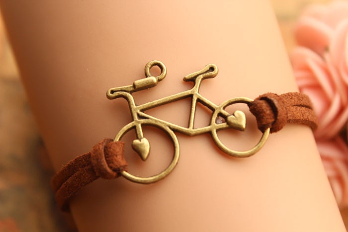 bike bracelet,retro bronze love bike alloy bracelet,brown wax rope chain bracelet---B163