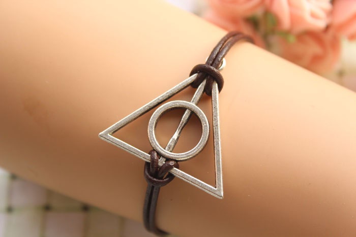 Harry potter bracelet,retro silver Deathly Hallows,brown leather bracelet---B176