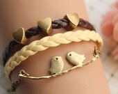 Bird bracelet,retro golden lover birds with retro bronze love heart bead,brown and yellow leather braid bracelet---B180