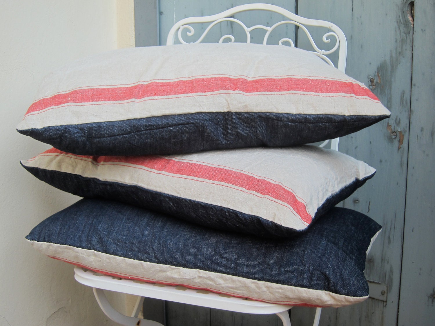 Set of 2 pillows, antique belgian striped linen with indigo denim back