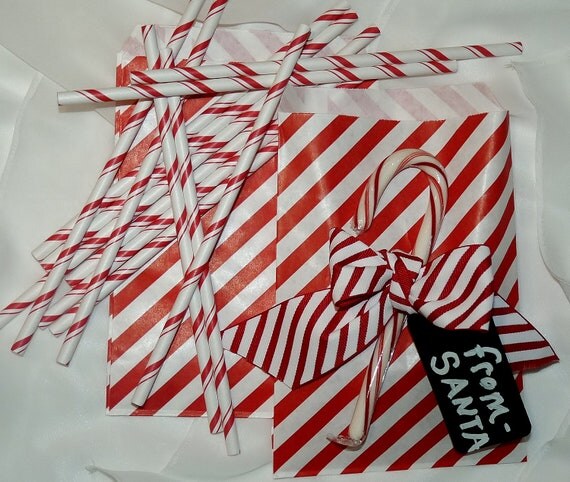 CanDy CanE Party 50 RED CanDy StRiPe Favor bags - AND - 50 Red and White CaNdy Cane stripe paper drinking Straws Il_570xn