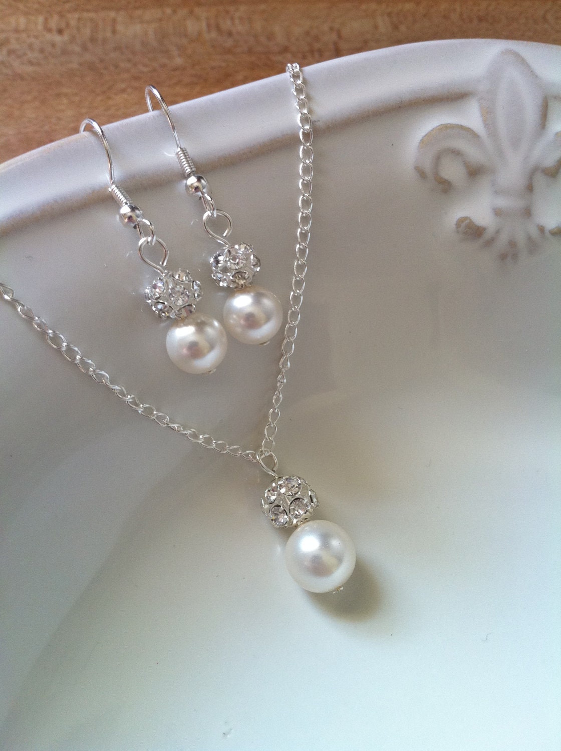 Pearl and Rhinestone Bridal Necklace and Earring Set, Pearl Bridal Set ...