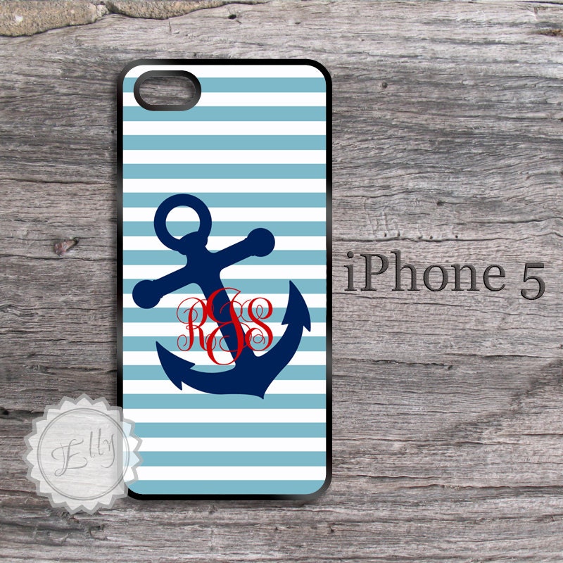 Personalized iPhone 5 Nautical  Anchor and Stripe Preppy  Monogrammed Case  Apple Cover