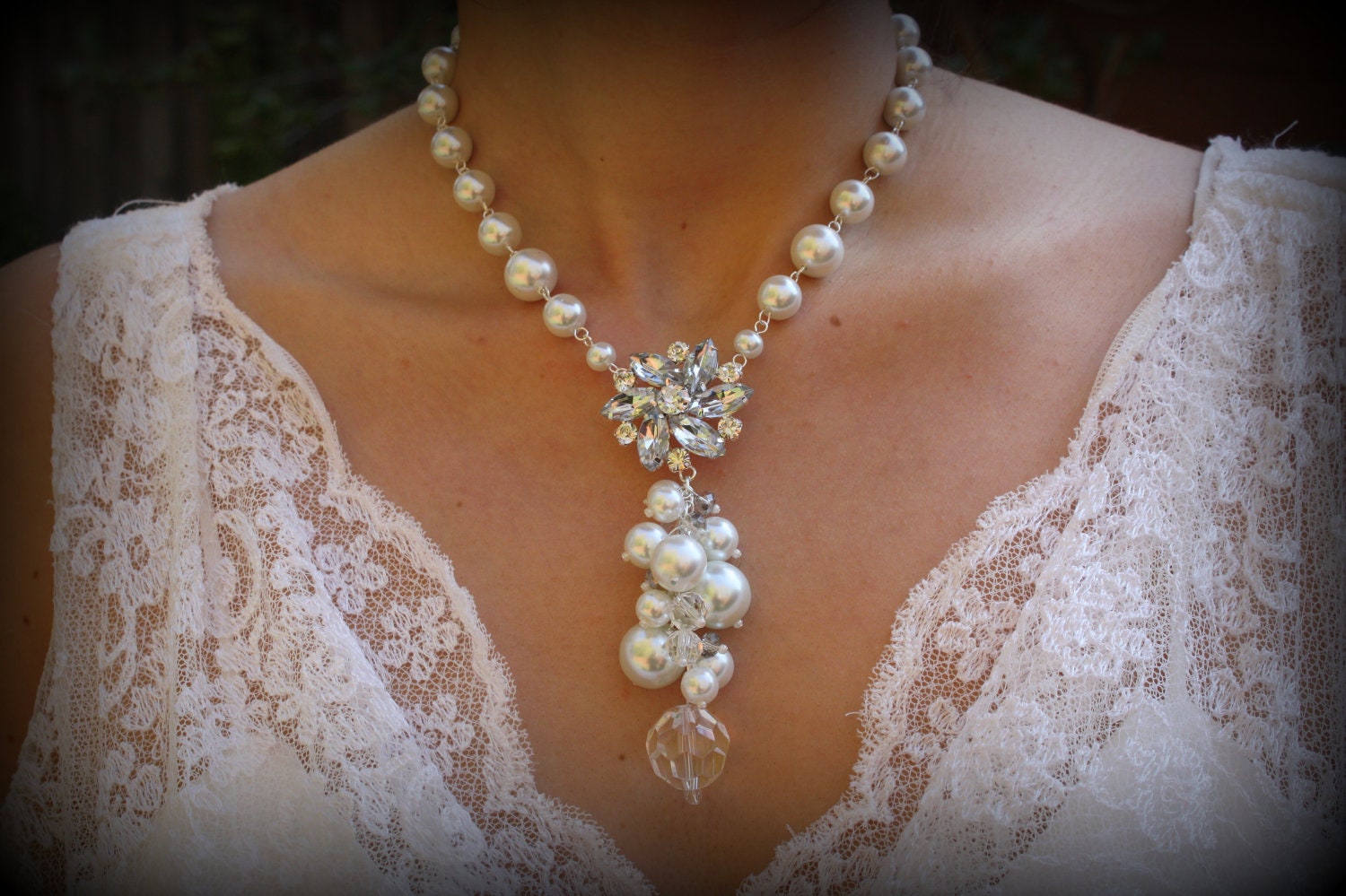 Y Drop Pearl Necklace-Vintage Necklace-Wedding Jewelry-Bridal Necklace-Rhinestone Pendant-Pearl Statement Necklace-Dream Day Designs
