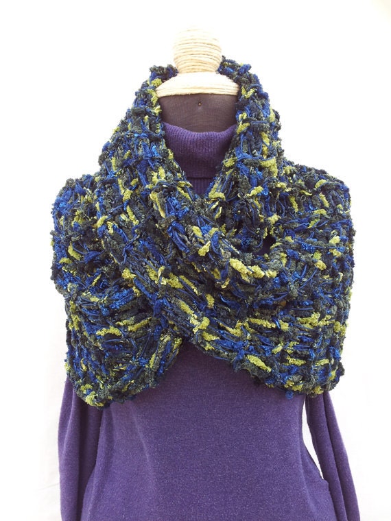 Knit Woman Shawl Wrap Circle Scarf Infinity Scarf Cowl, Cape Oversize Microfiber Yarn Blue Lemongrass and Black OOAK Handmade