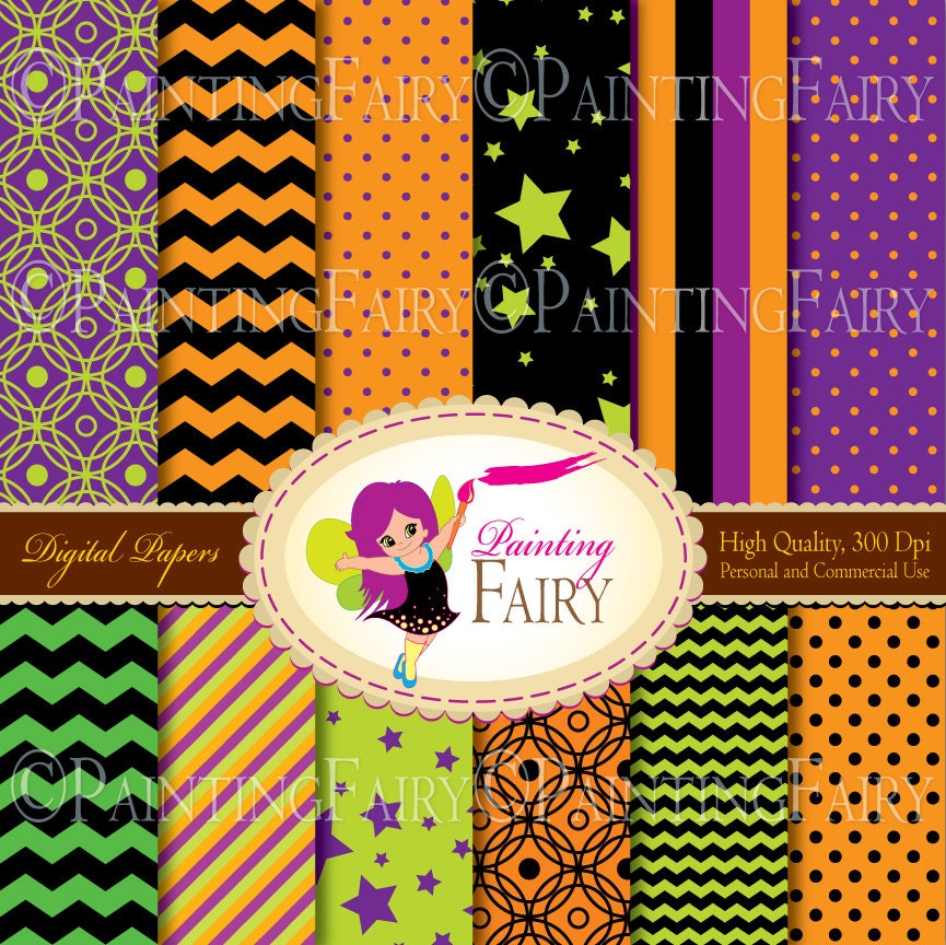 Halloween Digital Paper pack Pumkin Orange Black Green Scrapbook Papers polka dot background Halloween chevron Star digital paper pf00044-12
