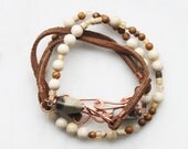 Handmade Beadwork Leather Beaded Wrap Bracelet, White & Brown Gemstones with Copper, Bohemian Bracelet, Earthy Jewelry