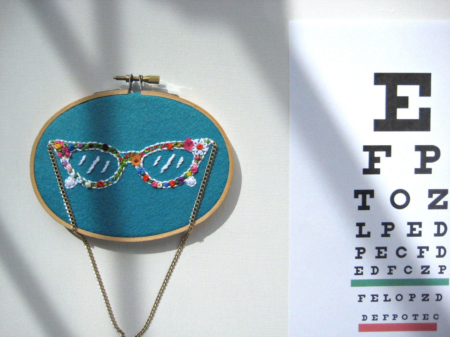 60's EYE GLASSES - Womens Spectacles Embroidered in Floral Stitches with Chain