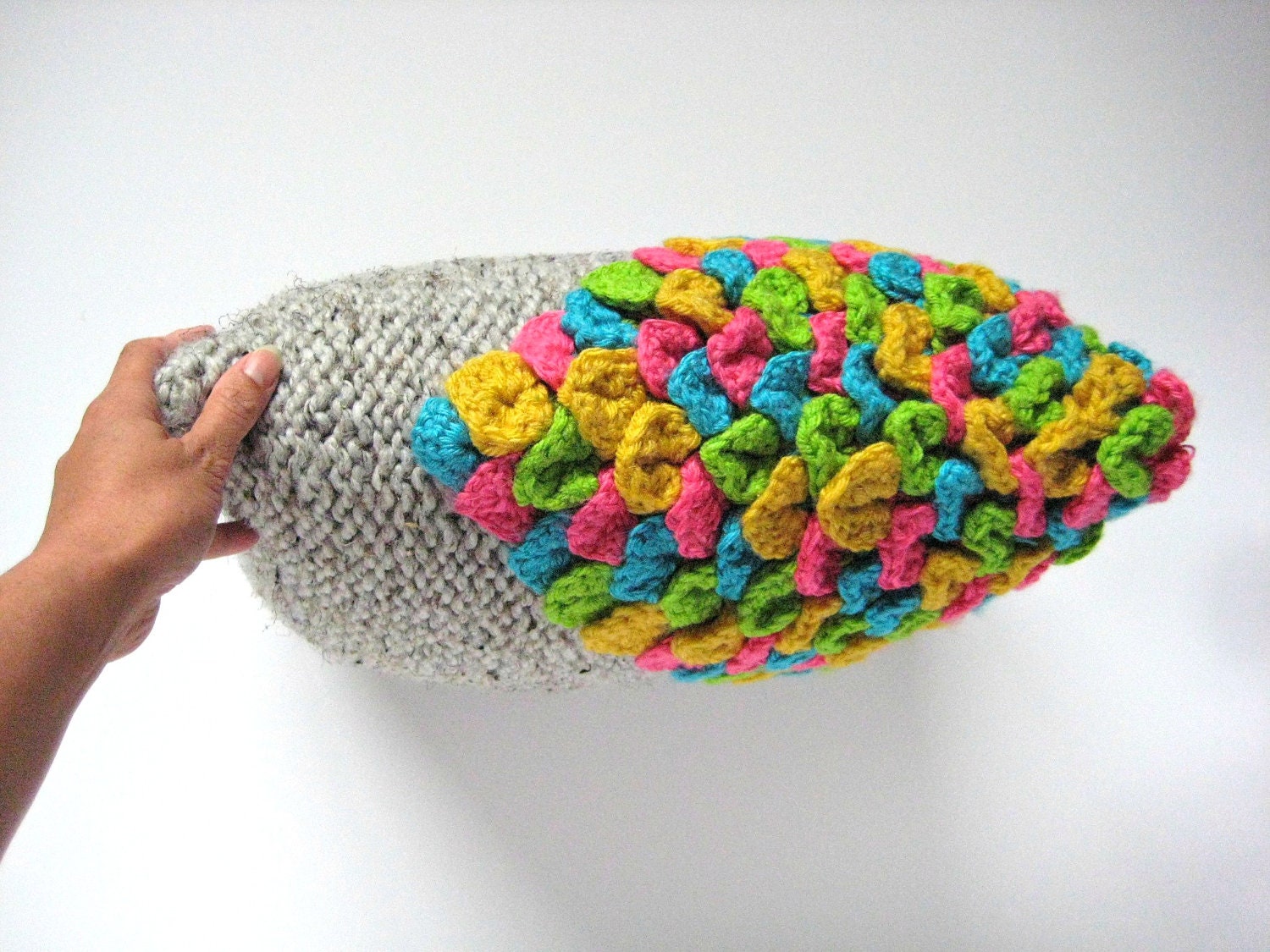 COLORFUL TEXTURED CUSHION - handmade decorative throw pillow with neon multicolored crocheted scale stitches for your home
