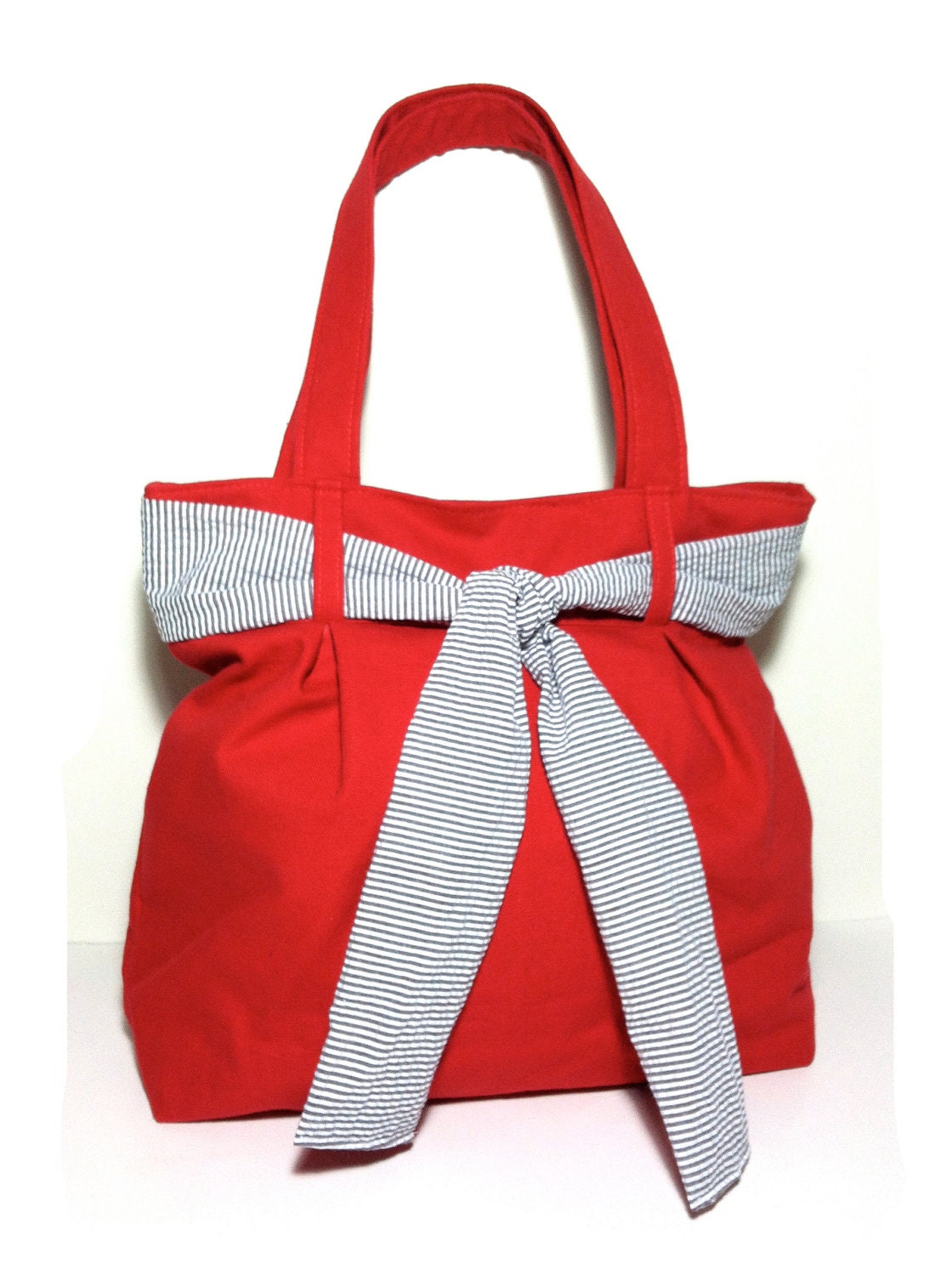 Handbag Tote Red Canvas w/ Brown Stripe Sash