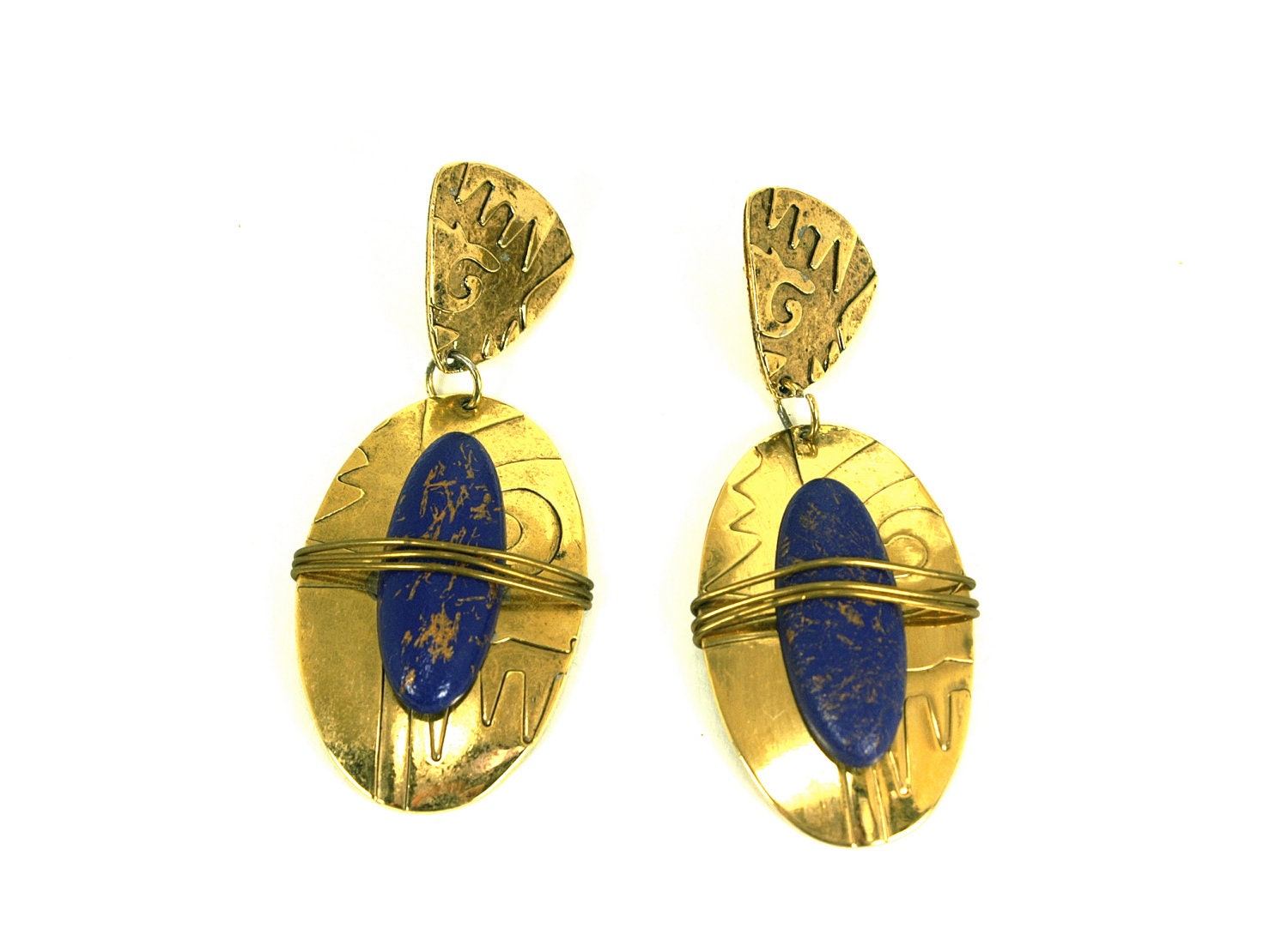 Large Metal Wrapped Oval Dangle Earrings Gold and Blue Tribal