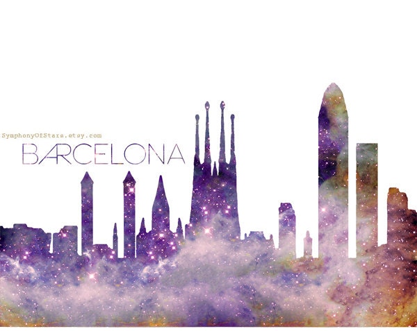 Barcelona Skyline Travel Galaxy Universe Fine Art Print
