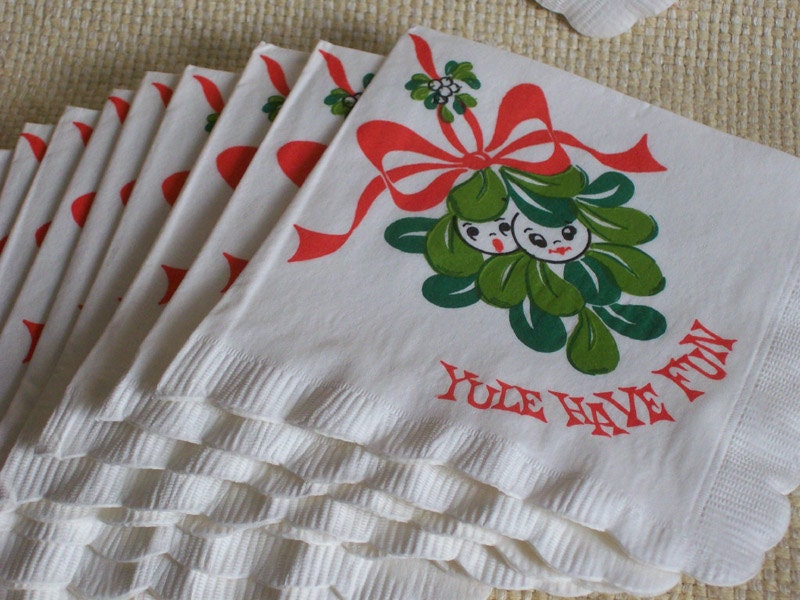 Yule Have Fun Christmas Holiday Paper Cocktail Napkins Mistletoe