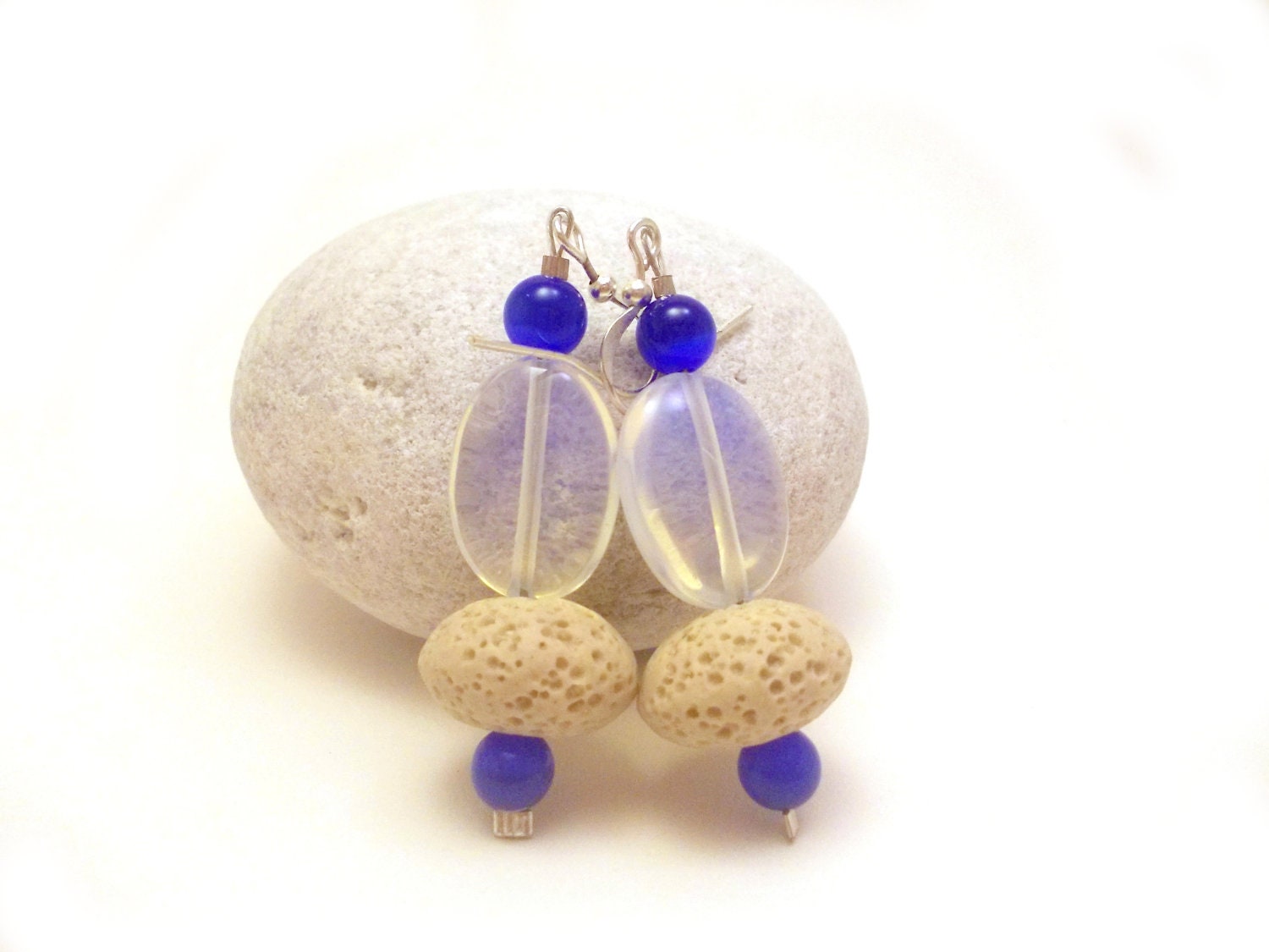 Navy Blue White Beaded Earring, Nautical Dangle Earrings,  Semi Precious Stones Jewelry, Nautical Summer Fashion