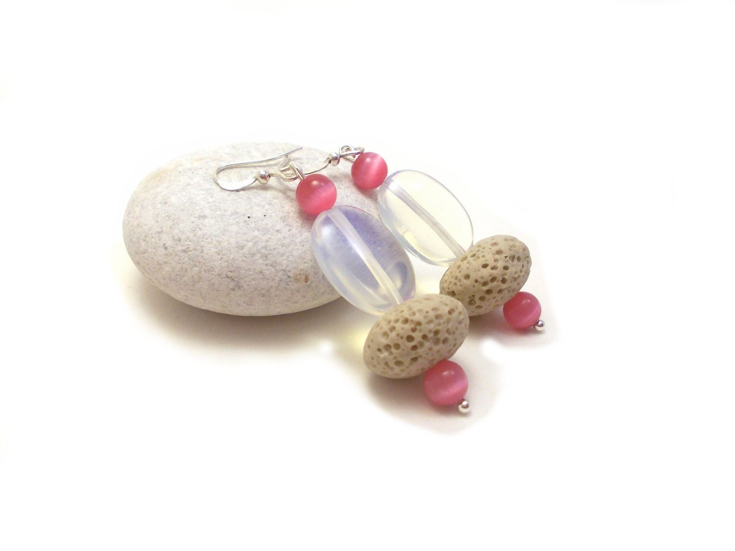 Pink White Beaded Earrings-Dangle Earrings- Semi Precious Stones White Lava, Oval Moonstone and smoke pink cat's eye