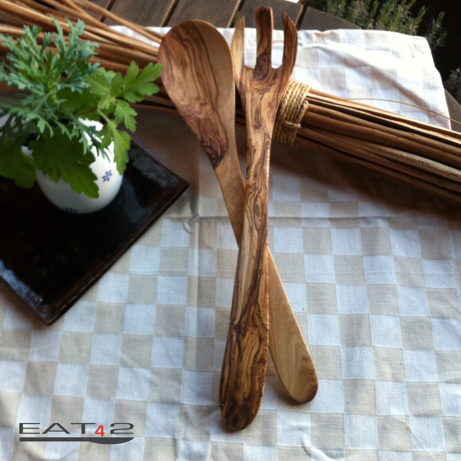 modern olive wood olivewood salad servers - hand crafted