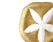 Gold Flower Pin, Shell Brooch, Sand Dollar, shell pin, gold button, floral design, daisy, lapel pin, beach wedding, holiday gift