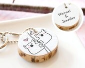 Couple Keychain PERSONALIZED Koala Adorable Gift Men Women Cute Drawing Love Heart Handmade Custom Round Keyring Reclaim Wood ECO FRIENDLY