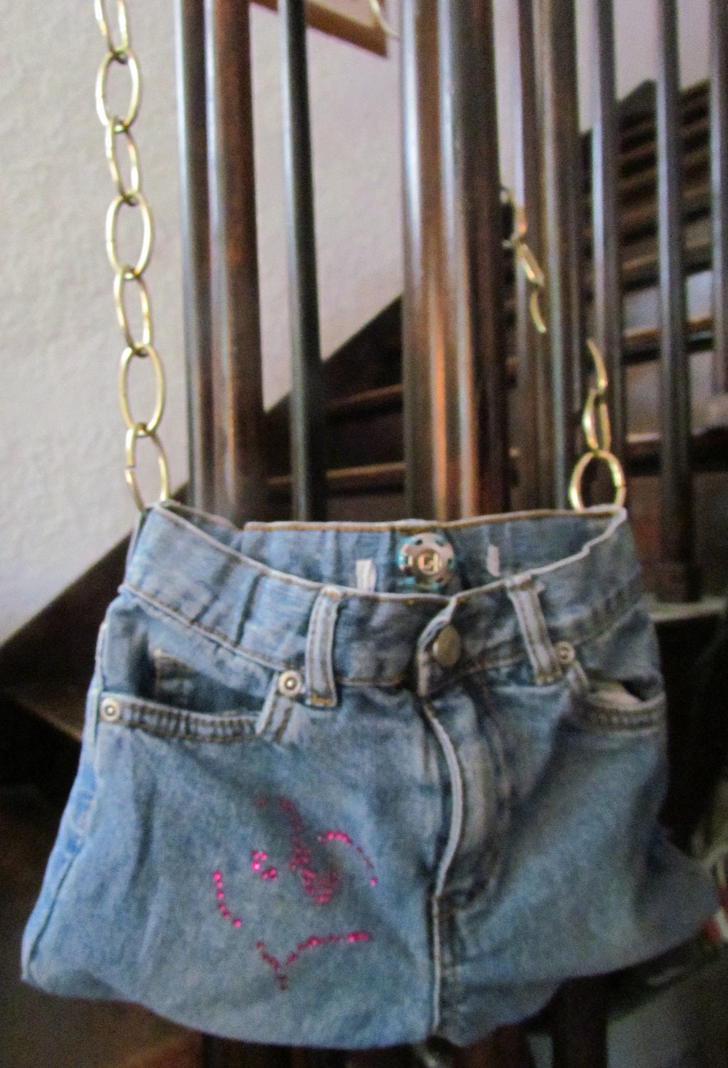 Handmade Small Jean Purse with Gold Chain Strap and Heart Applique