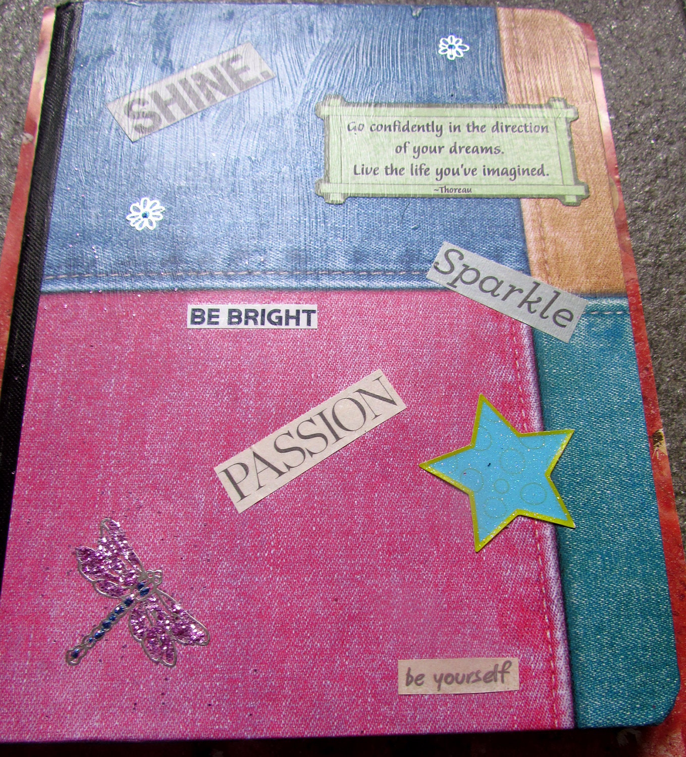 Retro Jean Style Journal Notebook Diary with Glitter Dragonfly